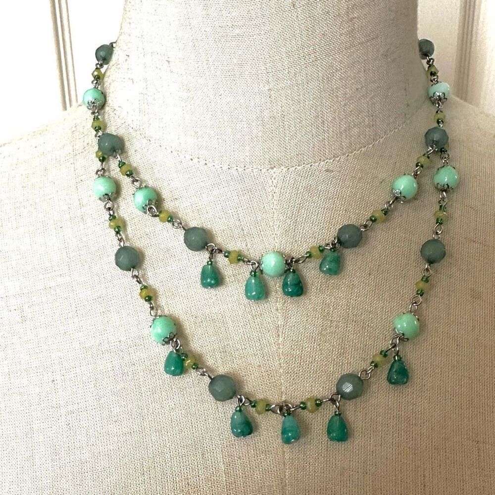 Green beaded double strand necklace